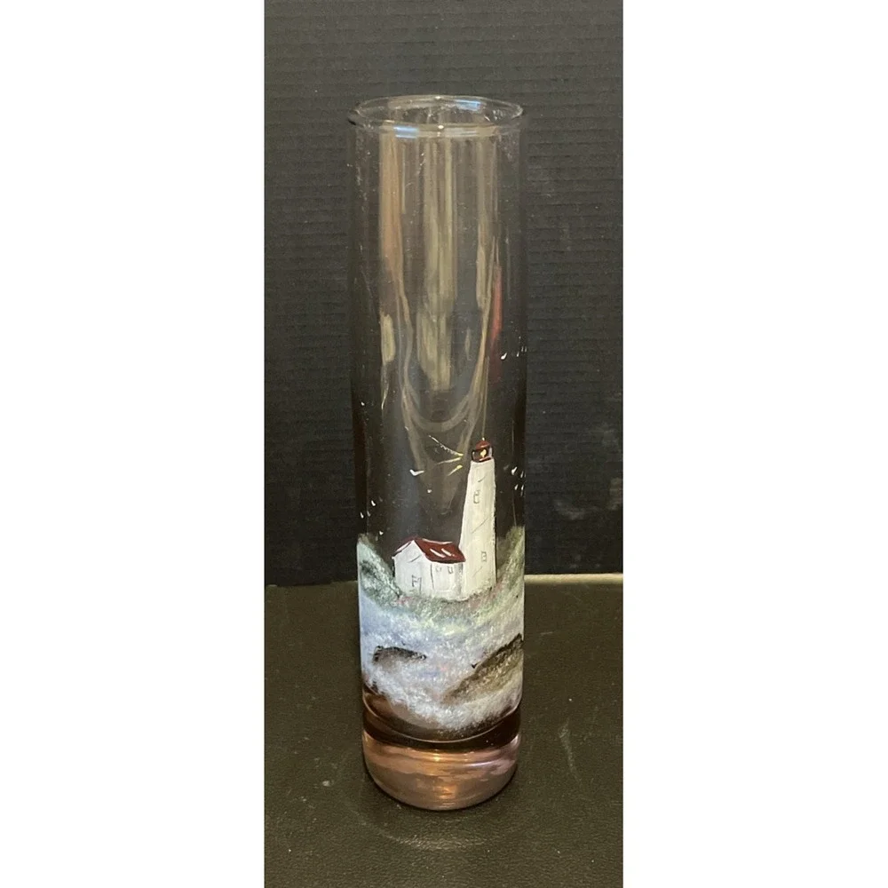 Hand Painted Lighthouse Ocean Signed Glass Bud Vase Nautical Beach 7.5
